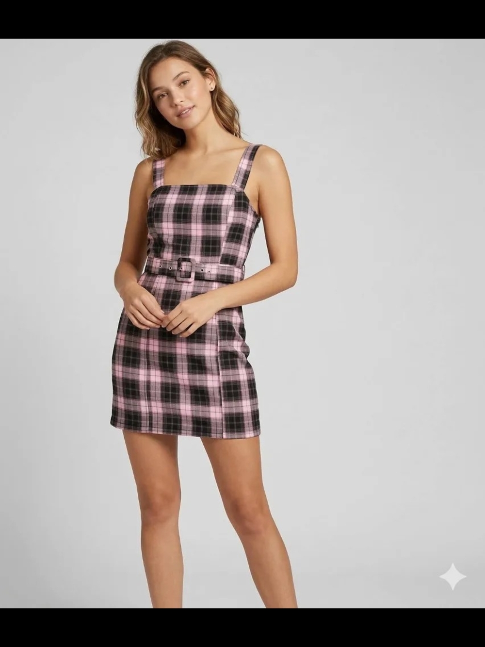 H&M Pink and Black Plaid Square-Neck Mini Dress with Belt